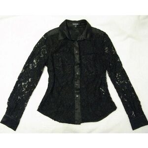 Bebe Black Lace & Satin Button Down Shirt Top - Sz S Gorgeous Style